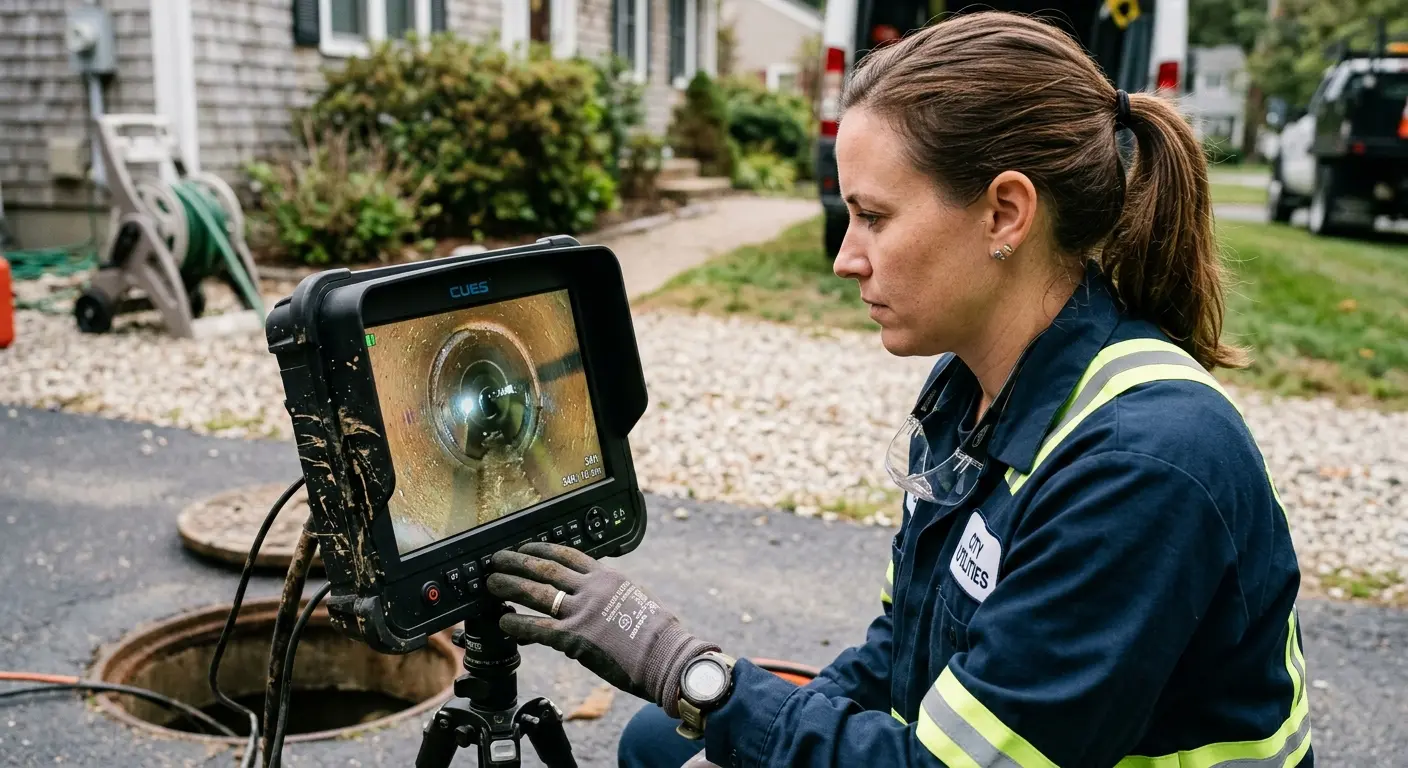 Technician reviewing sewer camera inspection footage in Villa Park