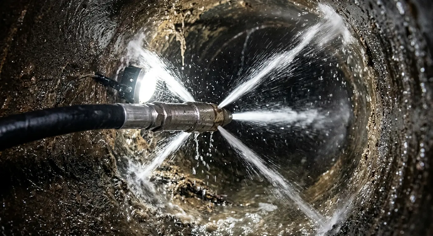 High-pressure hydro jetting nozzle cleaning sewer pipe for Emergency Drain Service in Villa Park