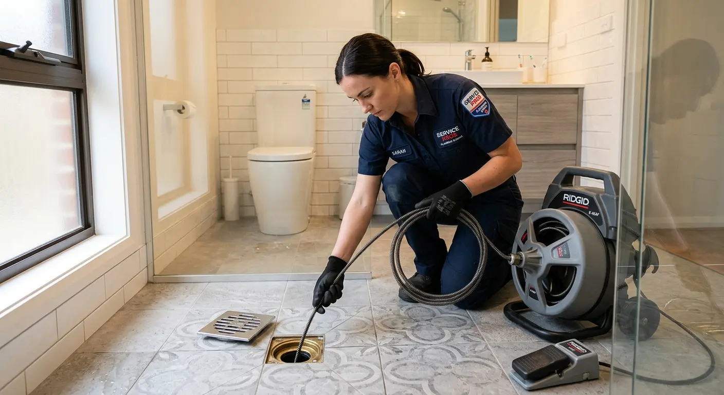 Technician clearing a bathroom floor drain for Drain Cleaning in Villa Park